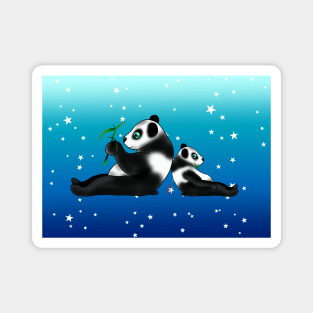 Two pandas eating bamboo on a blue background with stars Magnet