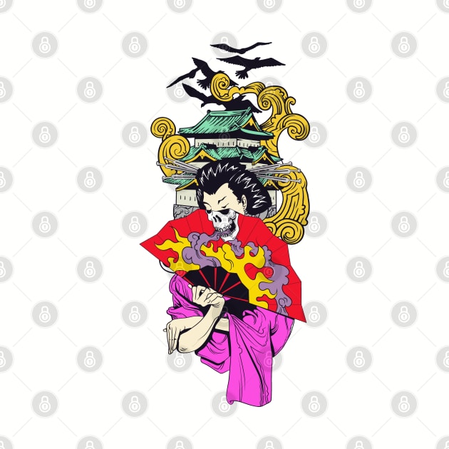 Geisha With Fan Over Pagoda by MarinasingerDesigns