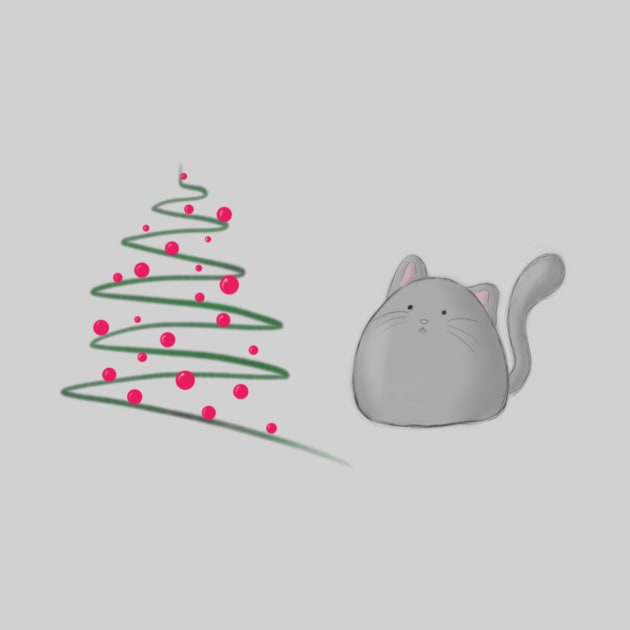 Cute fluffy fat cat with Xmas tree- cats lover by Vane22april