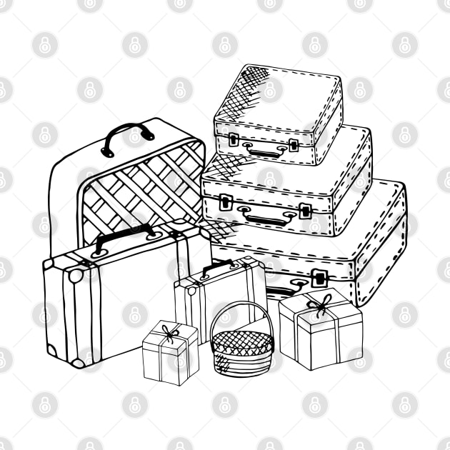 Black sketch of suitcases and bags.on white background by IrinaGuArt