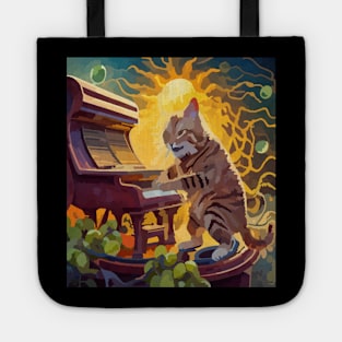 cat playing piano with grapes Tote