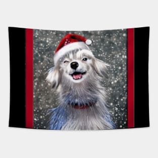 Blinking happy christmas anime dog with santa beanie Tapestry