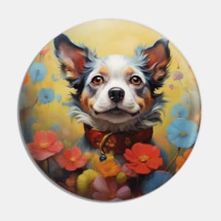 Whimsical Dog Surrounded by Wildflowers Pin