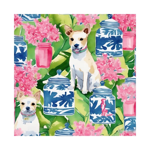 Terriers, cherry blossom, and chinoiserie jars by SophieClimaArt