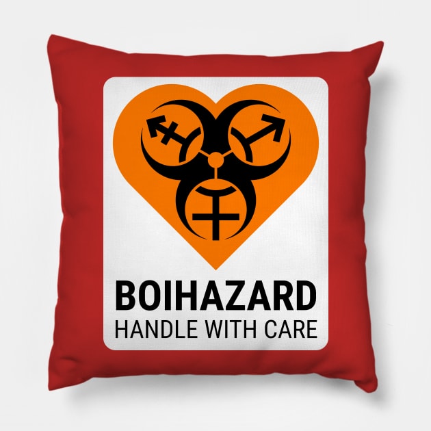 "BOI HAZARD/handle with care" Heart - Label Style - Orange Pillow by GenderConcepts