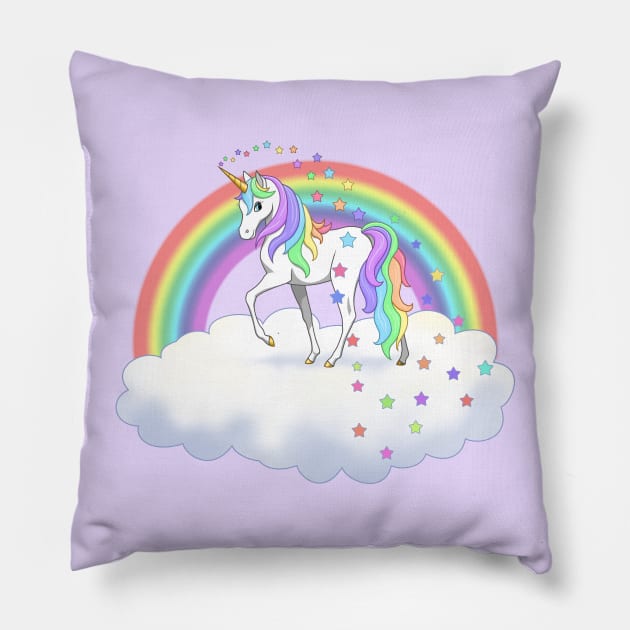 Pretty Rainbow Unicorn and Stars Pillow by csforest