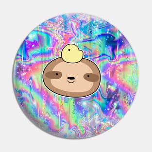 Sloth Face and Baby Chick Rainbow Holographic Pin