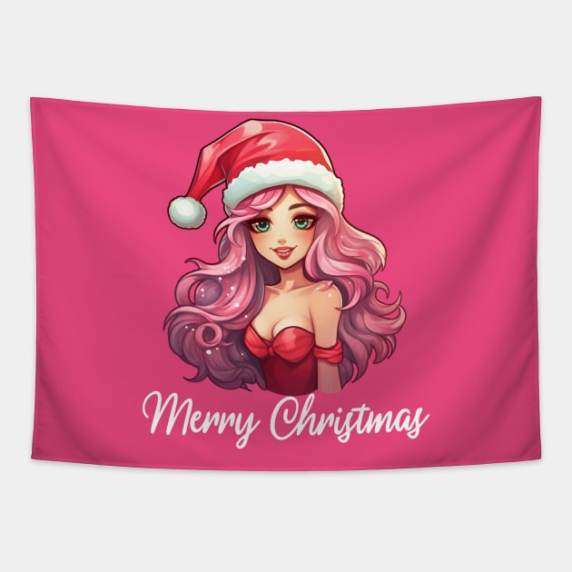 Pink Haired Girl - Merry Christmas (Black Lettering) Tapestry by VelvetRoom