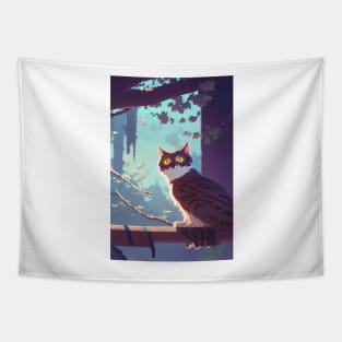 A Cat and Owl Funny Pet Owner (Hybrid) Tapestry