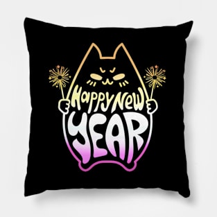 Happy New Year Cat Celebration #3 Pastel Yellow Pink Pillow