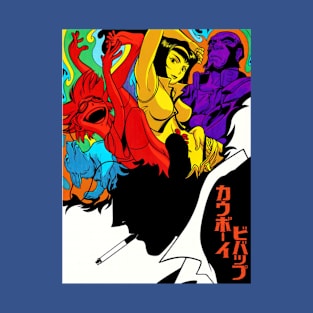 Colorful Cowboy Bebop design , Bebop Crew, cowboy bebop, aesthetic, bebop, bounty hunters, cowboy, cyberpunk, ein, faye valentine, futuristic, japanese, jet black, spike spiegel, corgi, faye valentine, lets jam T-Shirt