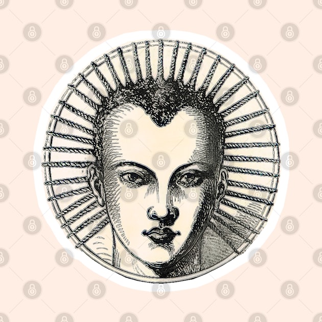 Face with stylized hair in a circular arrangement. Vintage drawing in black and white by Marccelus