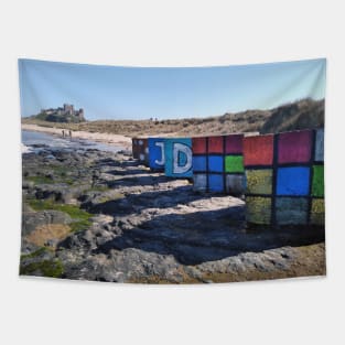 WW2 beach defences painted as dice, Rubic Cubes etc - Bamburgh, Northumberland, UK Tapestry