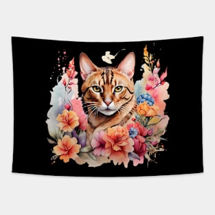 A bengal cat decorated with beautiful watercolor flowers Tapestry