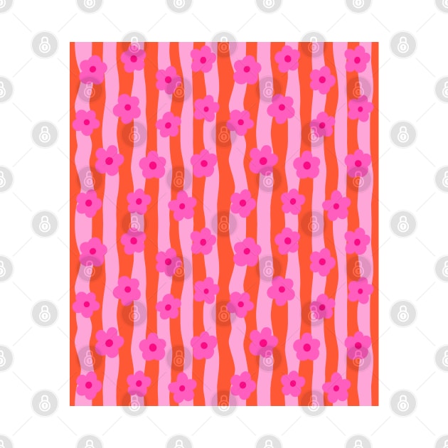 Pink Groovy Flowers on a Wavy, Stripy Orange Background by OneThreeSix