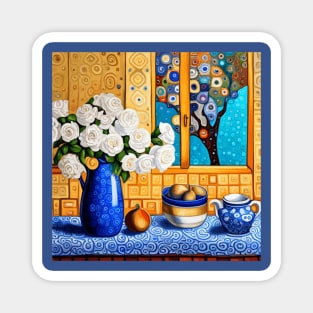 White Roses in a Blue Vase Modern Still Life Painting After Klimt Magnet