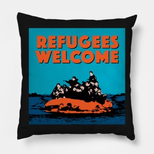 REFUGEES WELCOME - COLOURFUL ILLUSTRATION SHOWING REFUGEES ON A SMALL BOAT Pillow