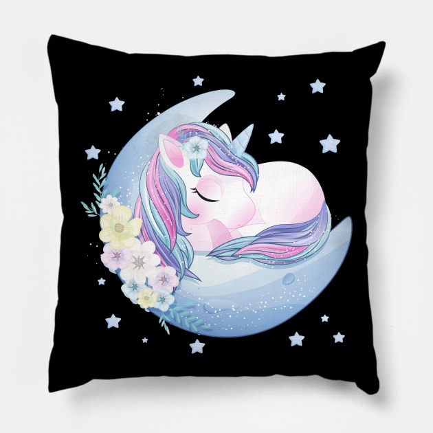 hand drawn cute unicorn sleeping moon Pillow by Tshirt lover 1