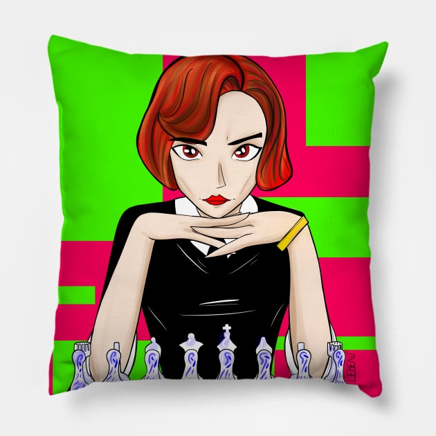 Beth the queen’s gambit in chessmaster In champion game Pillow by jorge_lebeau