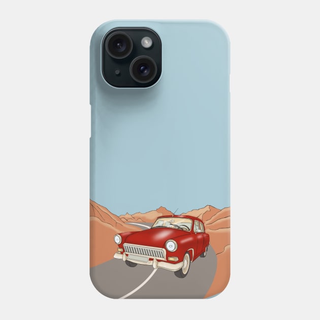 Red vintage car on the highway  in the desert and mountains. Phone Case by KateQR