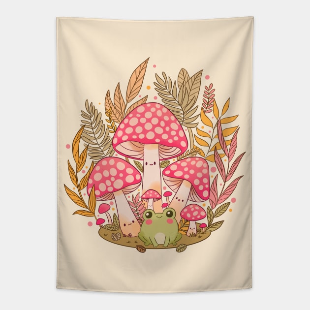 Cottagecore Aesthetic Frog With Mushrooms Tapestry by YaraGold