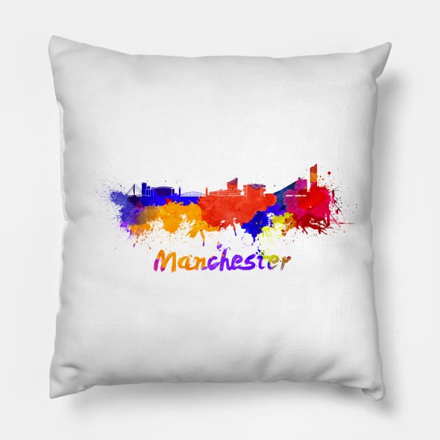 Manchester skyline in watercolor Pillow by PaulrommerArt