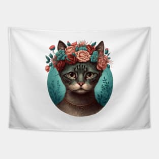 Frida Cathlo Cat with Flowers on their Head Tapestry