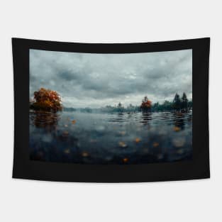 Foggy Lake Falling Raindrops On A Rainy Autumn Day Tapestry