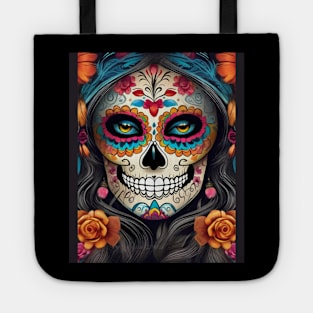 Celebrate life's vibrancy: Woman in exquisite sugar skull makeup Tote