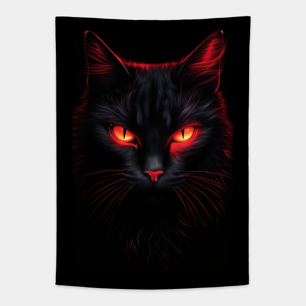Cute Cat In Red and Black: Adorable Feline Kitten in Striking Colors Tapestry by Whimsical Animals