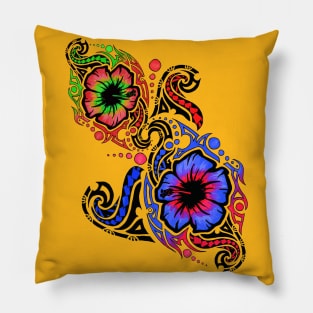 Red and Blue Hibiscus Flower Tribals Pillow