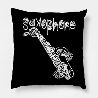 Saxophone Halloween Cobwebs White Text Pillow