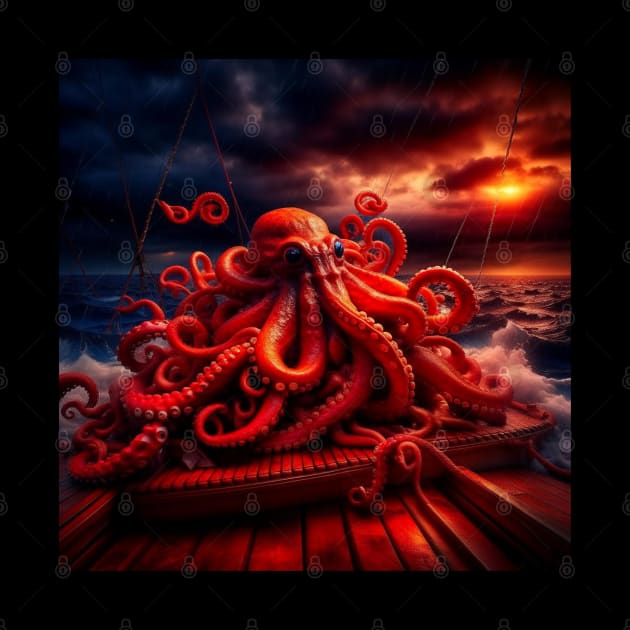 Octopus on a boat on a scary night by Artistrycreations 