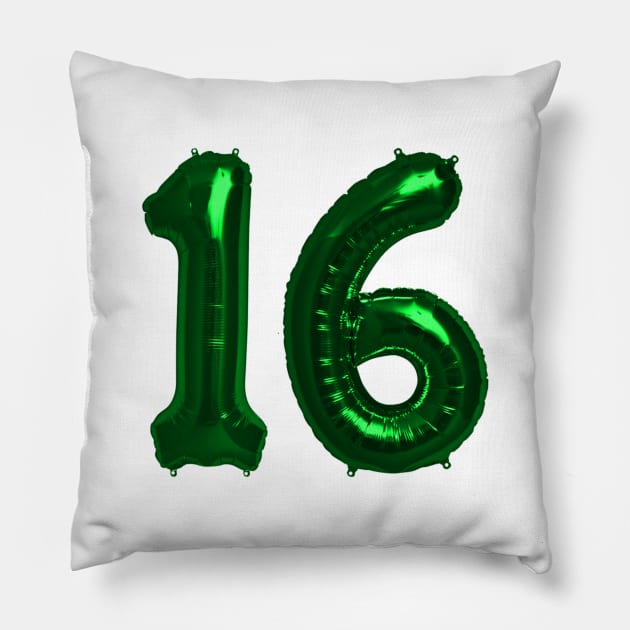 Bright Green 16th Birthday Metallic Helium Balloons Numbers Pillow by podartist