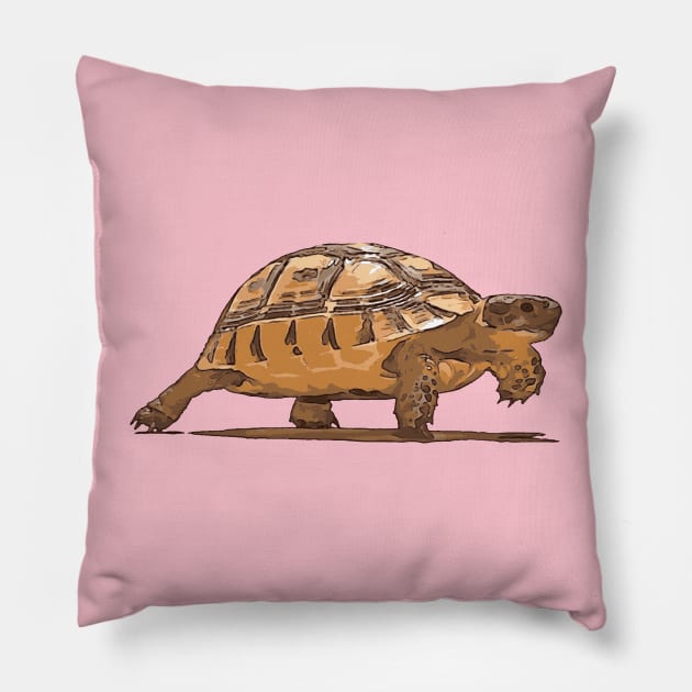 Cartoon Portrait Of Wild Baby Tortoise Plodding Pillow by taiche