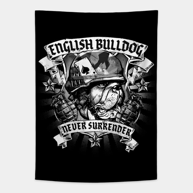 English Bulldog Never Surrender Logo Badge Tapestry by Black Tee Inc