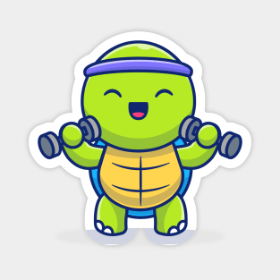 Cute Turtle Lifting Dumbbells Cartoon Illustration Magnet