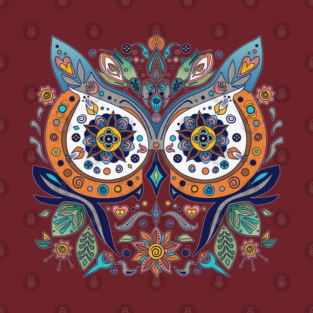 Mexican Style Owl Face Leaves Flowers by NaturalDesign