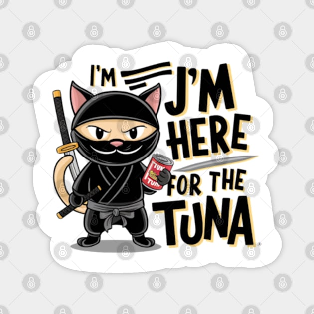 One design features a sneaky ninja cat with a katana in one hand and a can of tuna in the other. (2) Magnet by YolandaRoberts