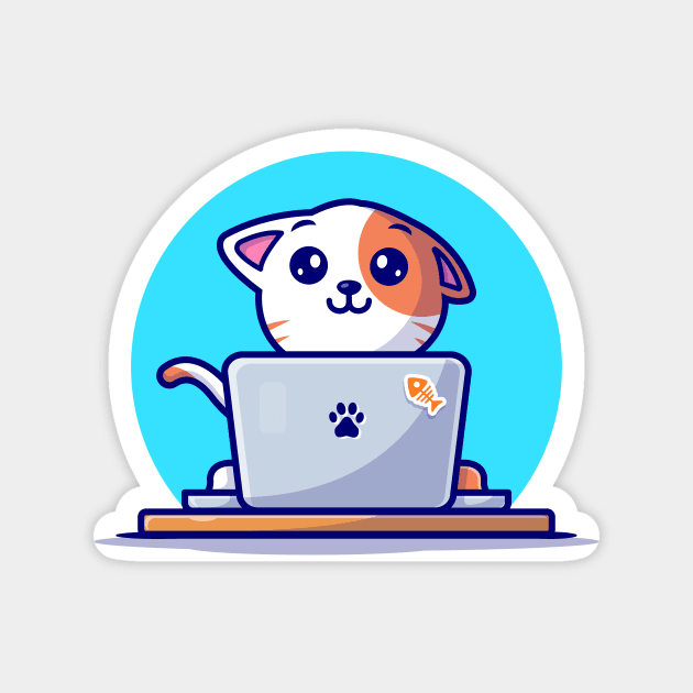 Cute Cat Working On Laptop With Coffee Cup Cartoon Vector Icon Illustration (2) Magnet by Catalyst Labs