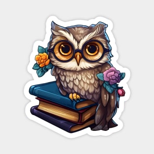 Owl with books studying floral Magnet