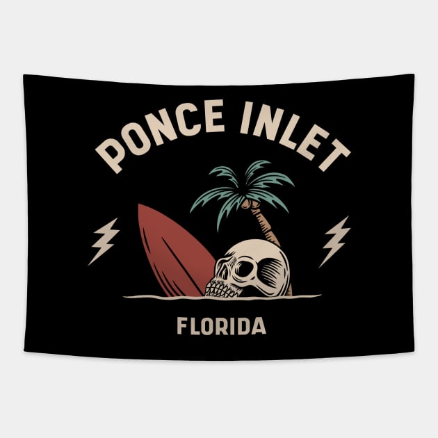 Vintage Surfing Ponce Inlet Florida // Retro Surf Skull Tapestry by Now Boarding