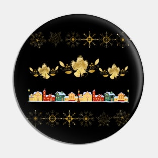 Christmas Village Gold Theme with Snowflakes, Lampposts and Bells Pin