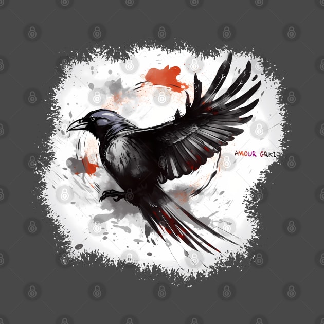 Flying Watercolor Crow by Amour Grki