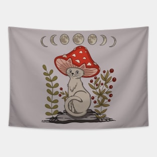 Cottagecore Aesthetic Cat With Mushroom Hat Tapestry