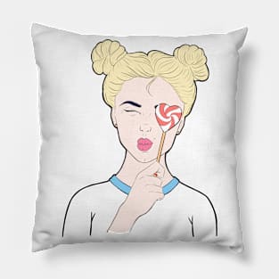 Girl blonde with a heart-shaped lollipop Pillow