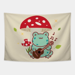 Cute Cottagecore Frog Playing the Guitar Mushroom Tapestry