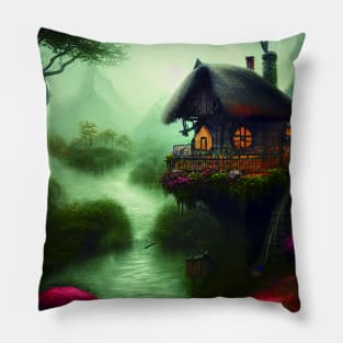 Sparkling Fantasy Cottage with Lights and Glitter Background in Forest, Scenery Nature Pillow