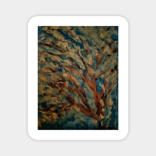 abstract painting of tree with gold leave and copper toned branche with a sky in my favorite colors Magnet