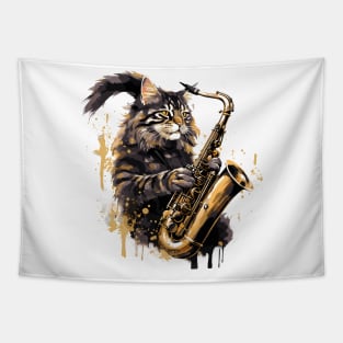 Maine Coon Cat Playing Saxophone Tapestry